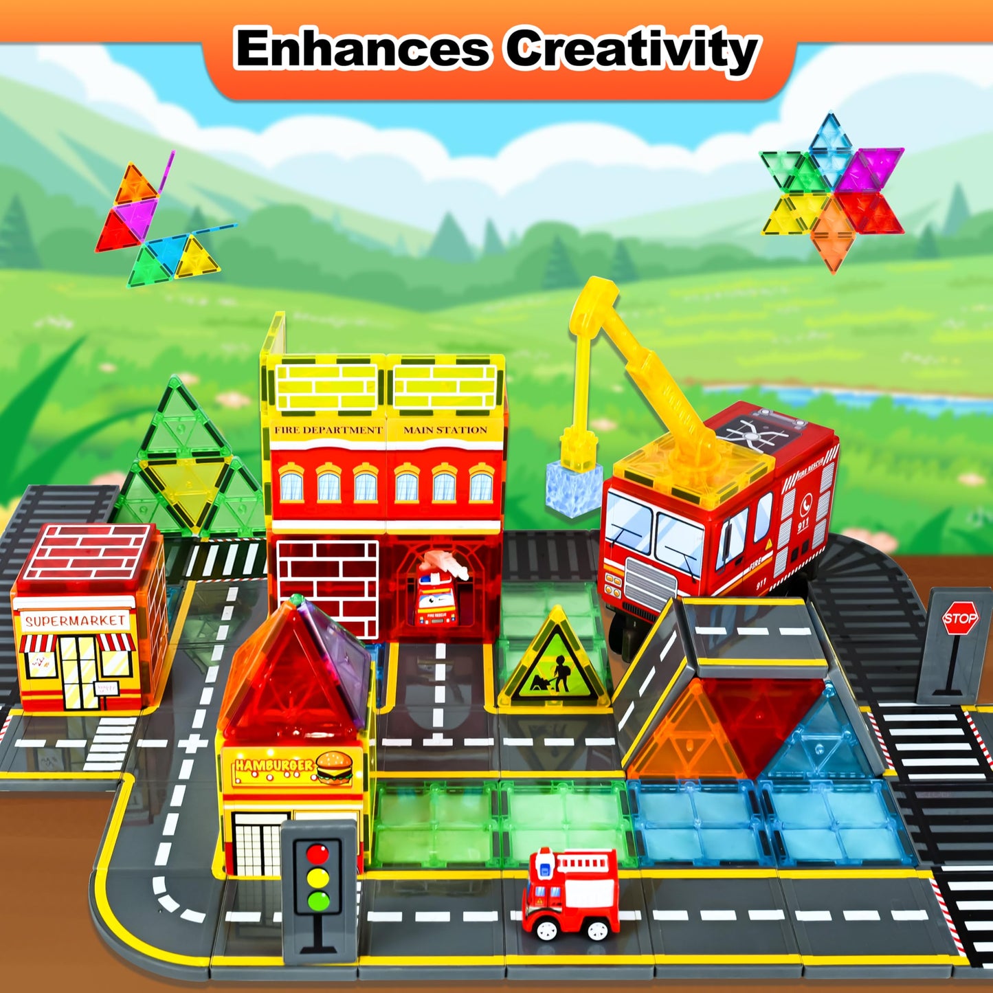 Drofex Magnetic Tiles Road Set With Fire Truck And Magnetic Crane, Creative Construction Toys For Kids Ages 3-12, Boys & Girls,