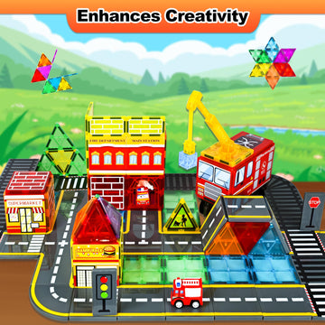 Drofex Magnetic Tiles Road Set With Fire Truck And Magnetic Crane, Creative Construction Toys For Kids Ages 3-12, Boys & Girls,