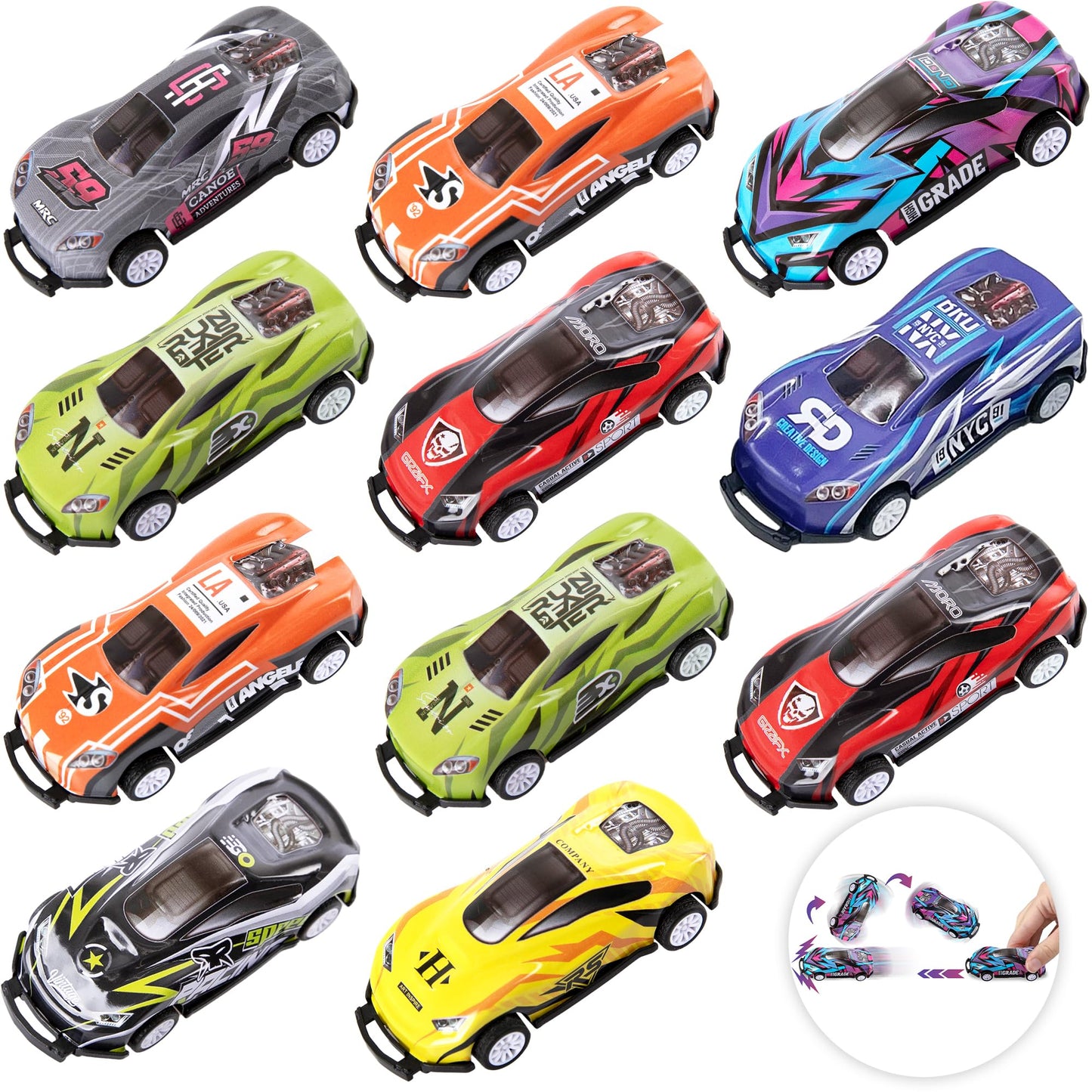 ArtCreativity Pullback Flip Stunt Cars for Boys (Set of 12) Pullback Diecast Race Cars for Kids in 8 Cool Designs - Retro Toy Ca