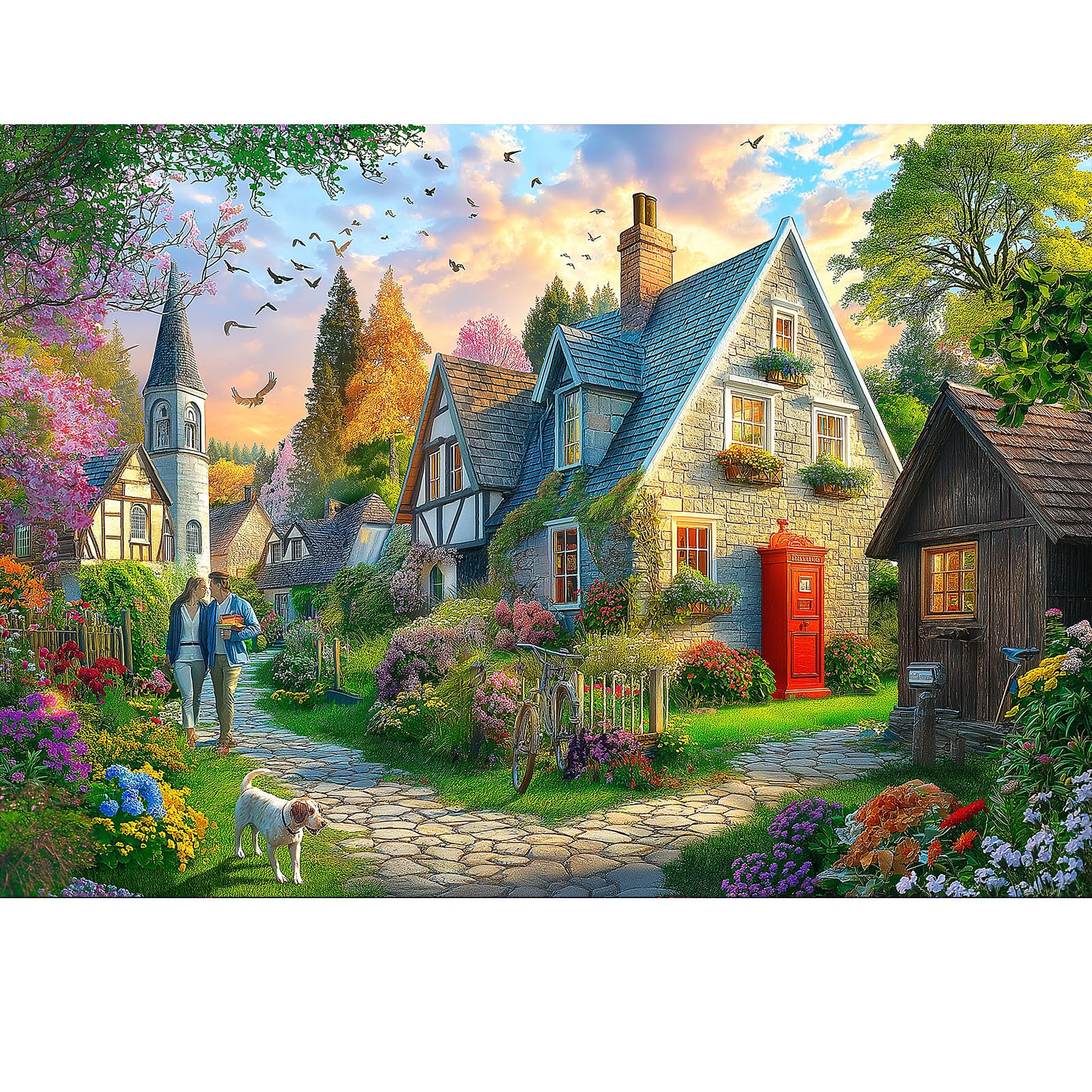 Cottage Village Church 1000 Piece Jigsaw Puzzle for Adults Countryside Scene Puzzle Challenging Beautiful Country Garden Landsca