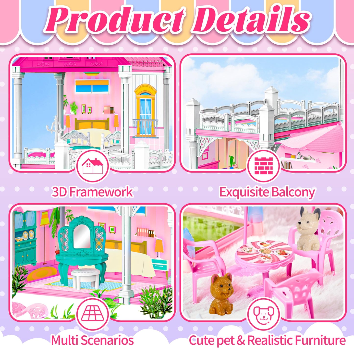 Doll House For Girls,10 Rooms Dollhouse With Dolls Figure, Puppies,Furnitures, Accessories, Kids Playhouse For For 3 4 5 6 7 8 9