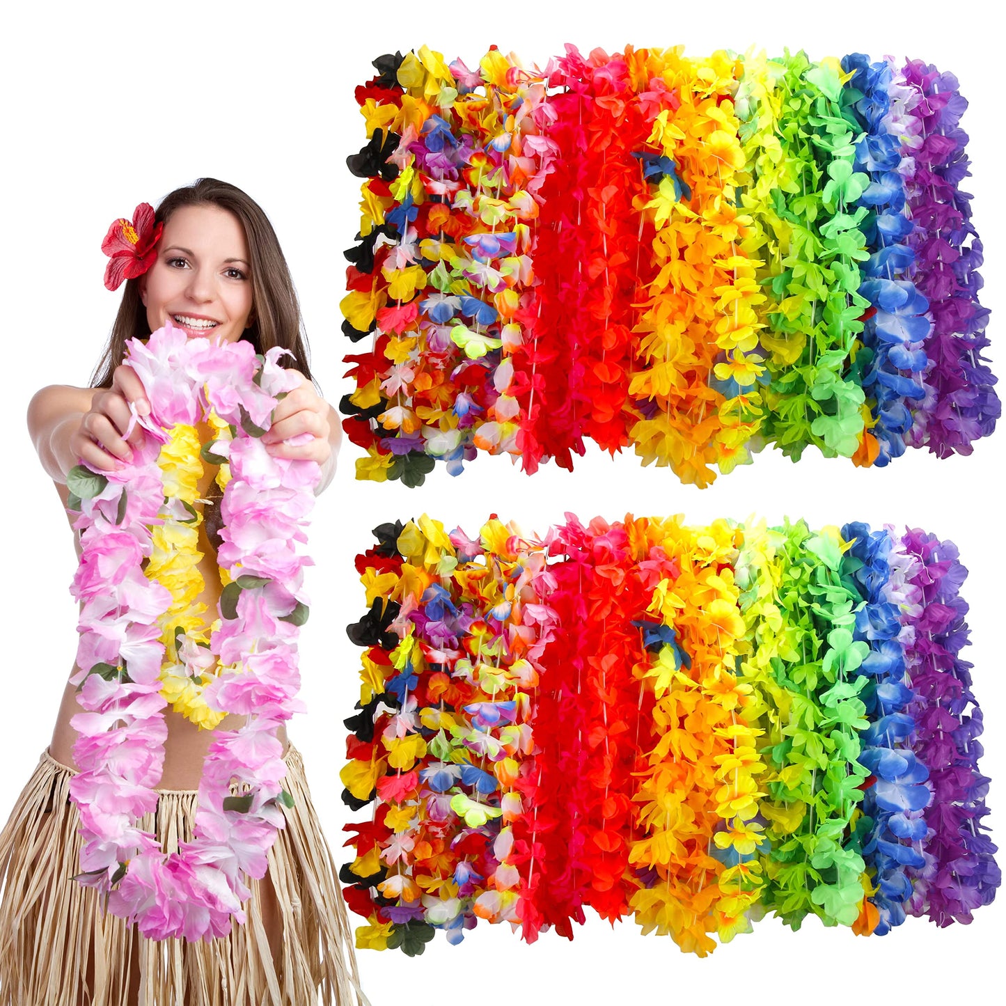 AMAZING TIME 100 Pieces Hawaiian Luau Leis Bulk,Tropical Flower Necklace for Hawaii Party Decorations Favors, Beach Party Decors