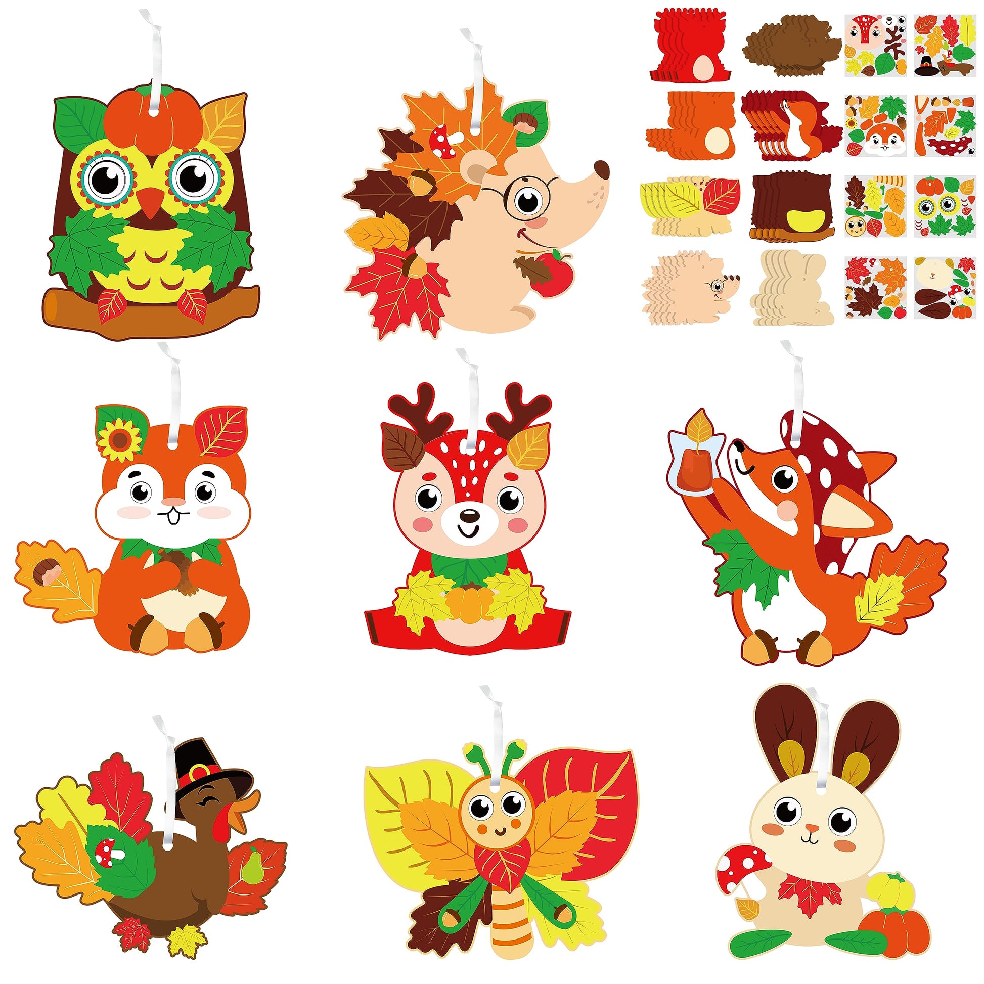 WATINC 123pcs Fall Craft Kits for Kids, Cute Animals Hanging Ornaments DIY Maple Leave Sticker Crafts with String, Fall Autumn T