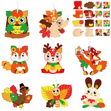 WATINC 123pcs Fall Craft Kits for Kids, Cute Animals Hanging Ornaments DIY Maple Leave Sticker Crafts with String, Fall Autumn T