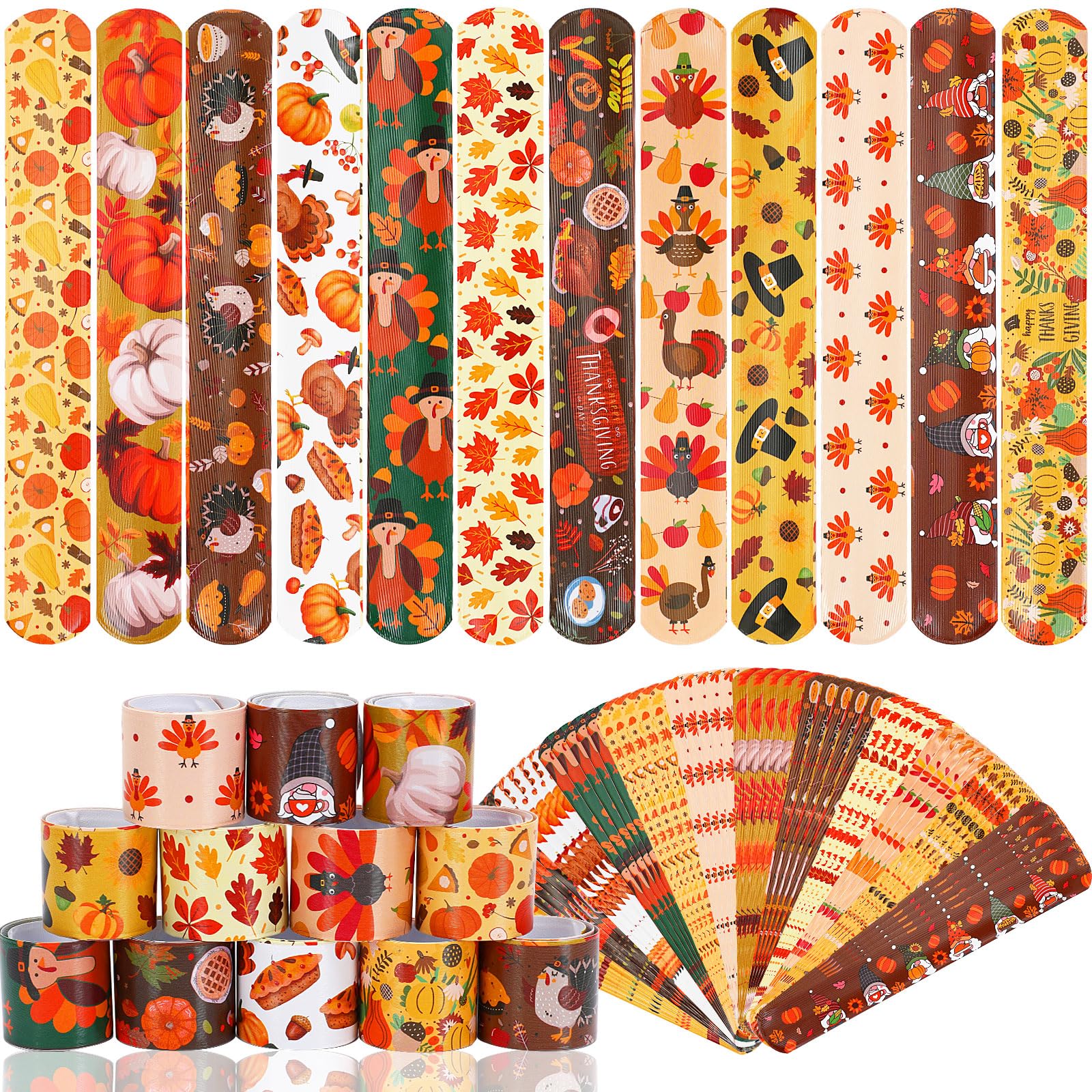 JUNEBRUSHS Thanksgiving Slap Bracelets, 56 Pcs Thanksgiving Gifts for Kids Autumn Maple Leaf Turkey Pumpkin Snap Bracelets Wrist