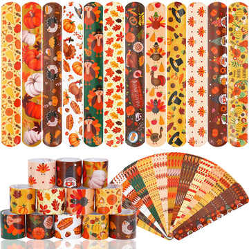 JUNEBRUSHS Thanksgiving Slap Bracelets, 56 Pcs Thanksgiving Gifts for Kids Autumn Maple Leaf Turkey Pumpkin Snap Bracelets Wrist