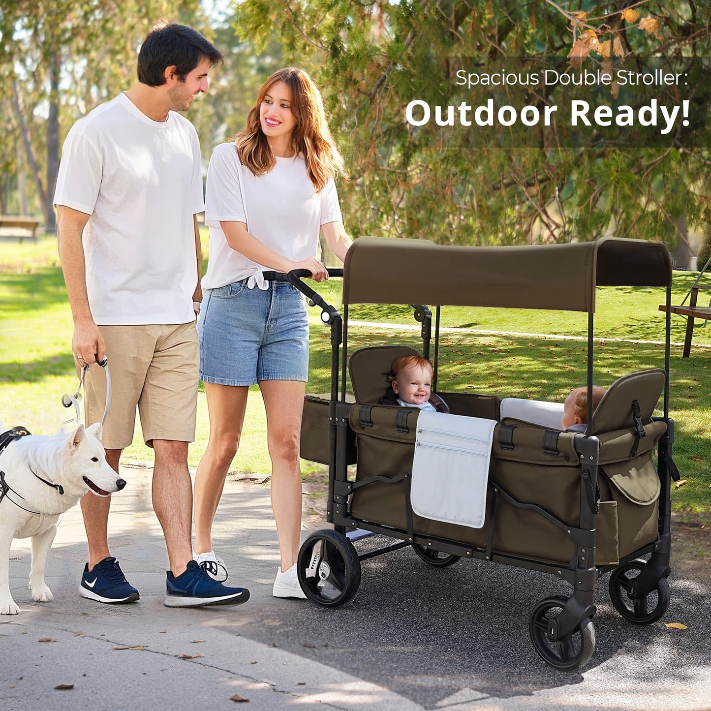 Momfann Wagon Stroller For 2 Kids, Double-Seater Baby Wagon With Canopy, Adjustable Handle And Pull Bar, Compact Design For Todd