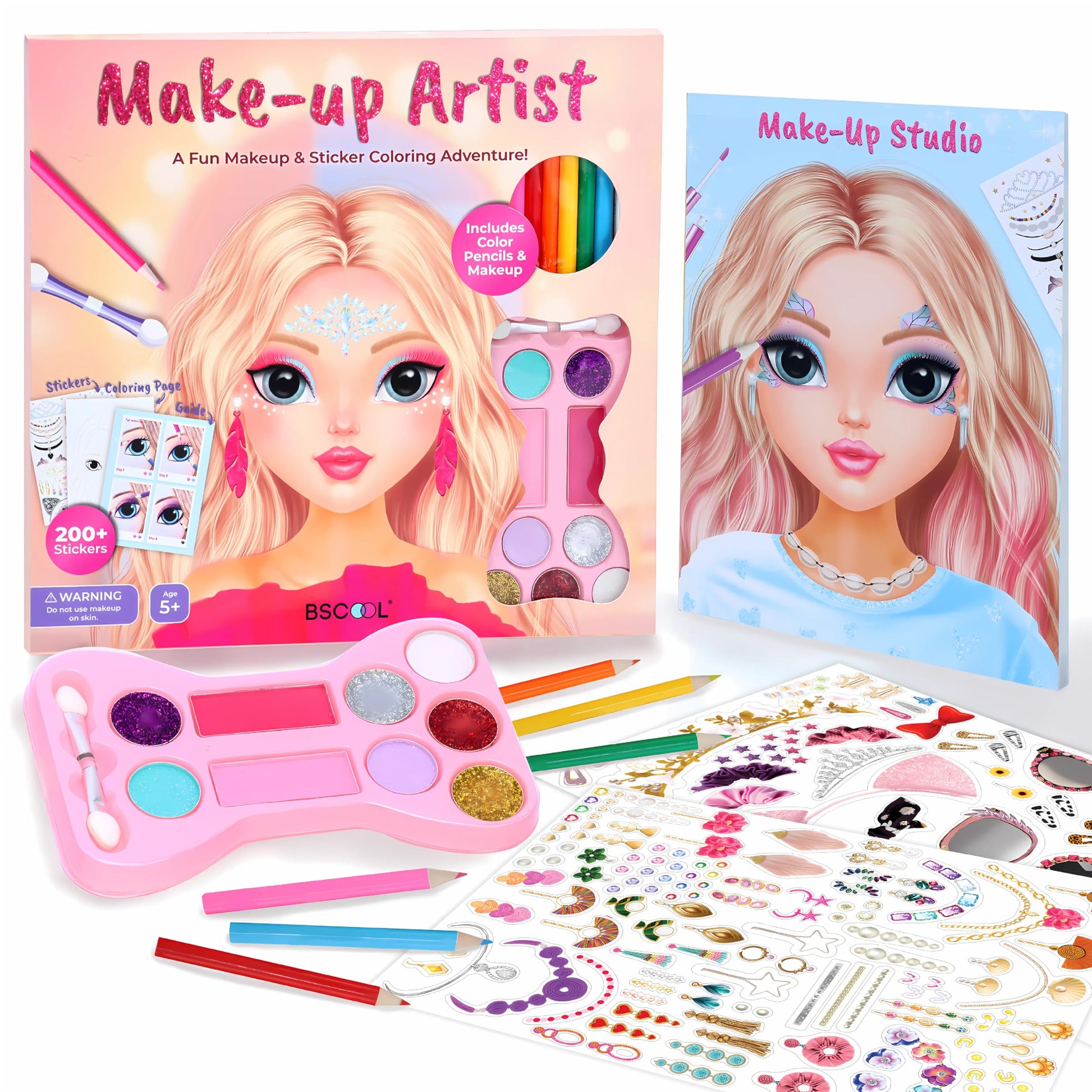 BSCOOL Make-up Artist. 3 in 1 Fun Makeup, Sticker, Coloring Kit, Includes Color Pencils, Makeup Palette, and 200+ Stickers. for 