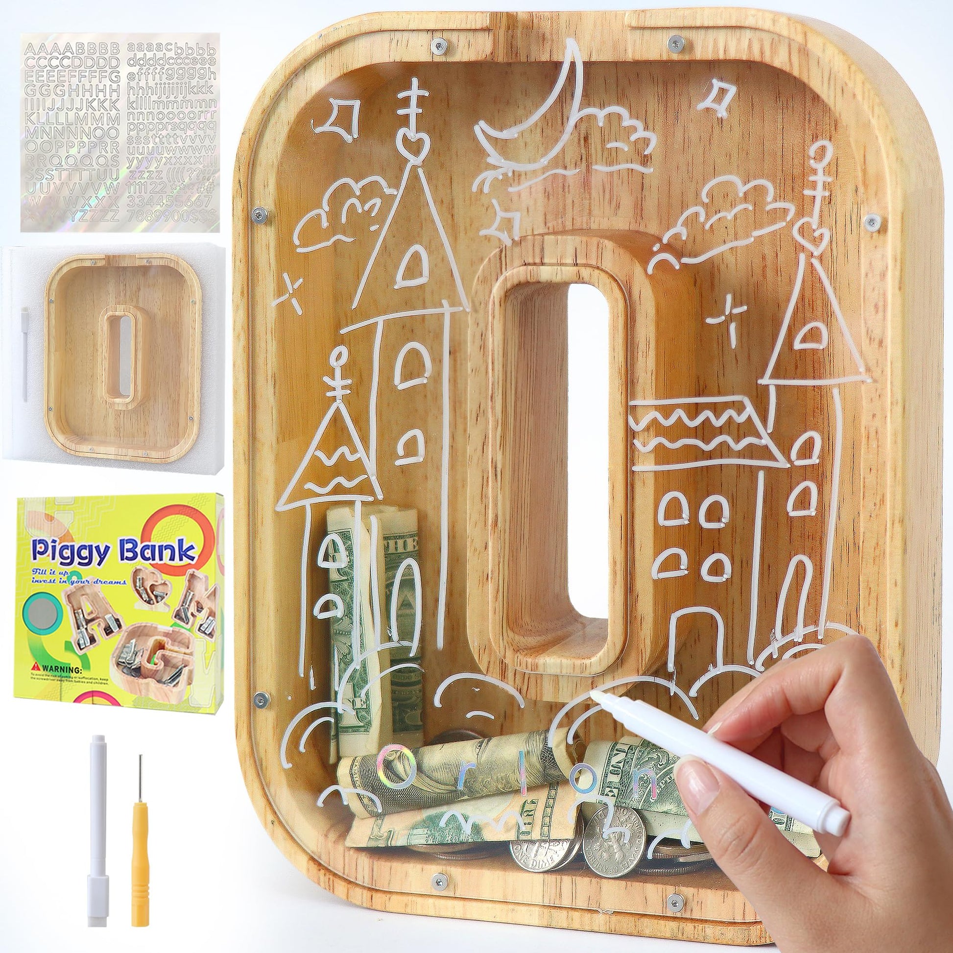 weallbuy Large Letter Piggy Bank for Kids Boys Girls Wooden Personalized Piggy Banks A-Z with Target Area Clear Alphabet Banknote Coin Banks for Gift Decoration Baptism (O)