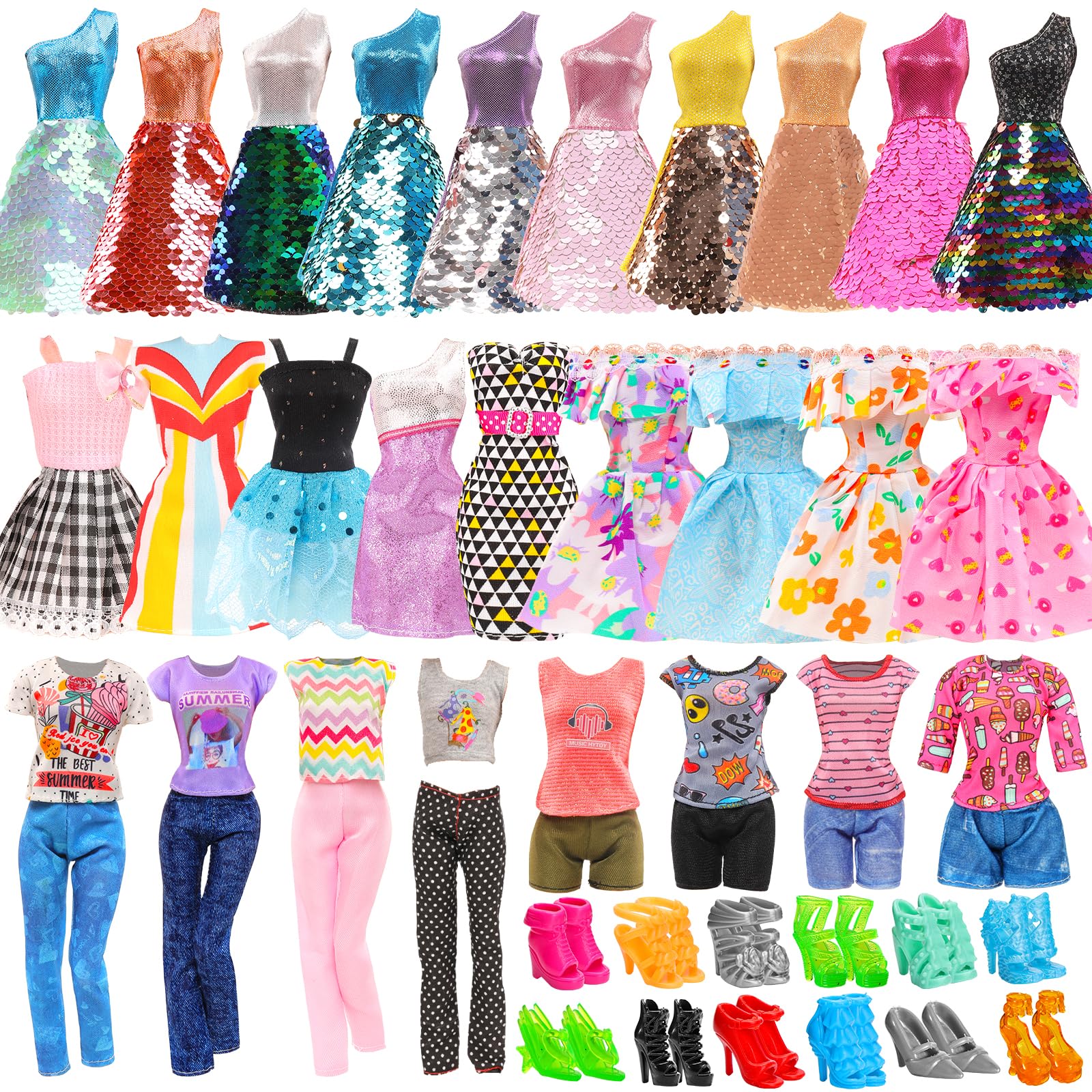 Miunana 23 Pcs 11.5 Inch Girl Doll Fashion Top And Pants 10 Pairs Of Girl Doll High Heels Shoes,Girl Dolls Sequin Dress For Doll