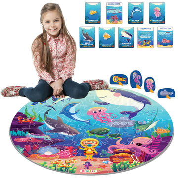 Jumbo 70 Piece Round Floor Puzzles For Kids Ages 3-5, 6-8, Large Jigsaw Puzzle About Underwater Animals Oceans Sea Creatures, 20