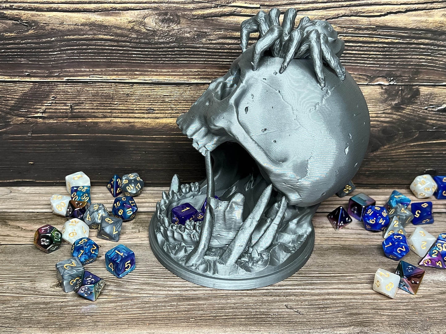 MunnyGrubbers - 6.5  Skull Dice Tower - (Random 7PCS D20 Dice Set Included) - No Paint Odorless Plastic - Tabletop Roleplaying Game - Dice Roller - Dungeons and Dragons - DND - D&D - (Marble)