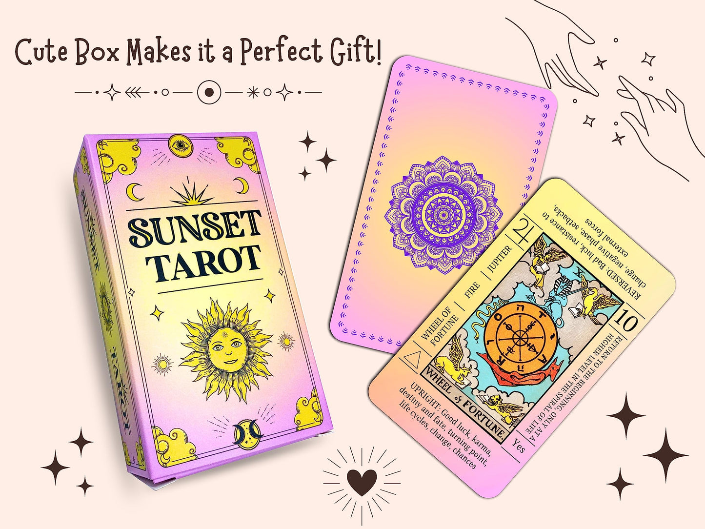 Juju'S Vibes Learning Tarot Cards For Beginners With Meanings On Them, Cute Sunset Tarot Cards Set Unique, With Keywords, Beauti