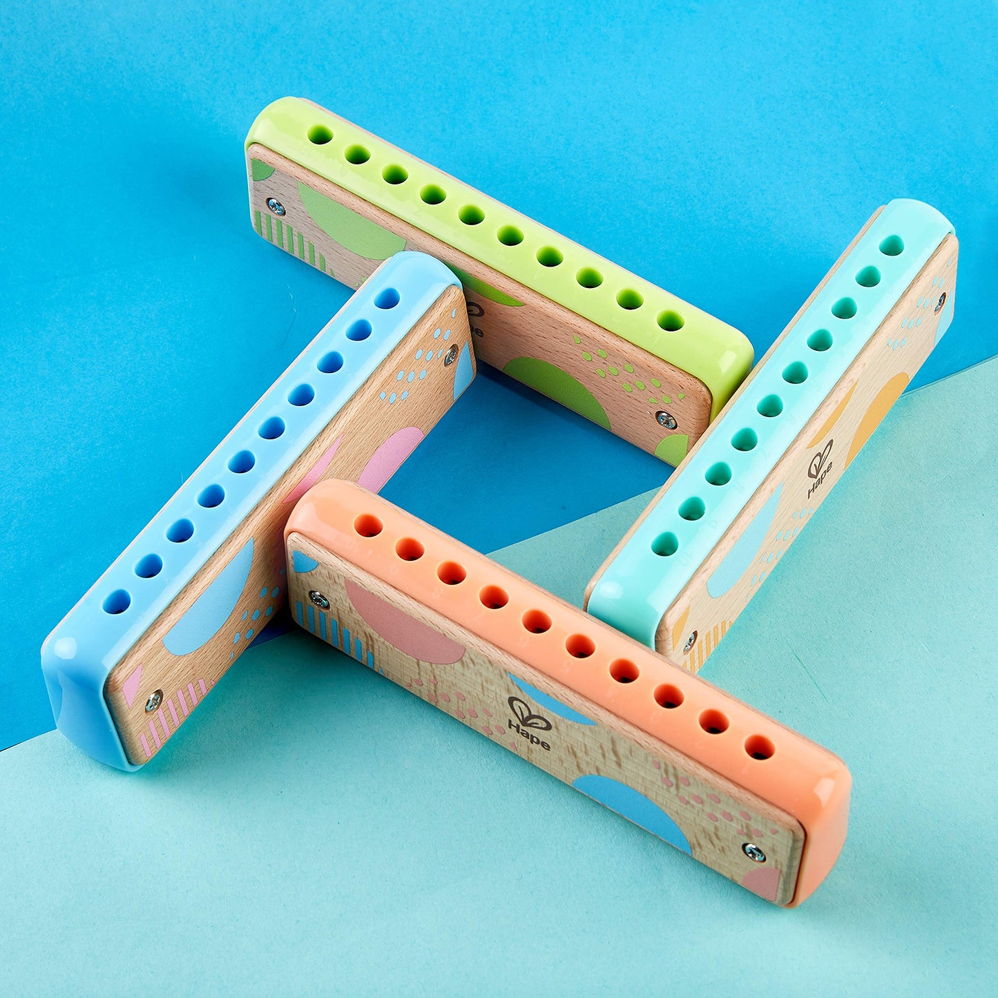 Hape Blues Harmonica - 10 Hole Wooden Musical Instrument Toy for Kids, Green, Model E8914