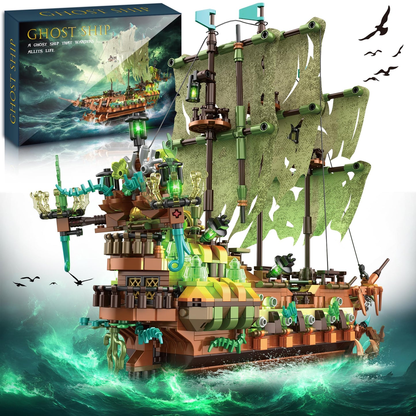 Pirate Ship Building Set With Led Lights, Pirate Ghost Ship Model Kit For Adults To Build, Large Sailboat Toys Christmas Birthda