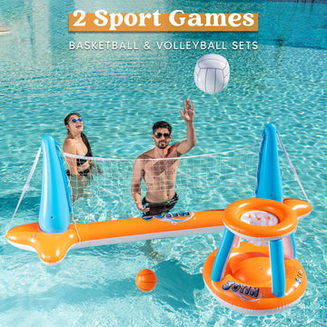 Joyin Inflatable Pool Float Set Volleyball Net & Basketball Hoops, Floating Swimming Game Toy For Kids And Adults, Summer Floaties, Volleyball Court (105”X28”X35”)|Basketball (27”X23”X27”),L-Orange