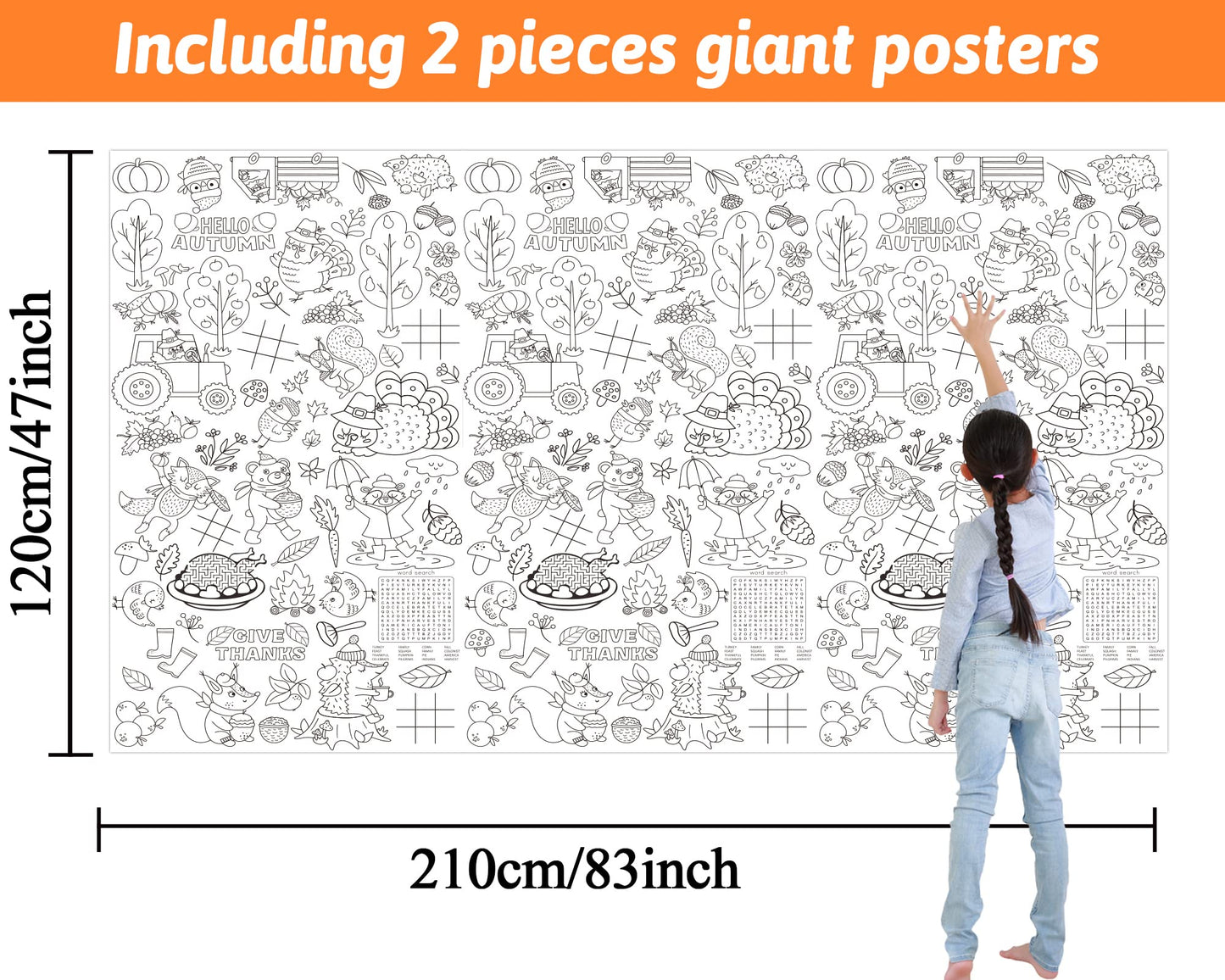 Wiooffen 2pcs Giant Thanksgiving Coloring Tablecloth Posters Activity 82   x 47    for Kids, Autumn Big Fall Paper Color-in Post