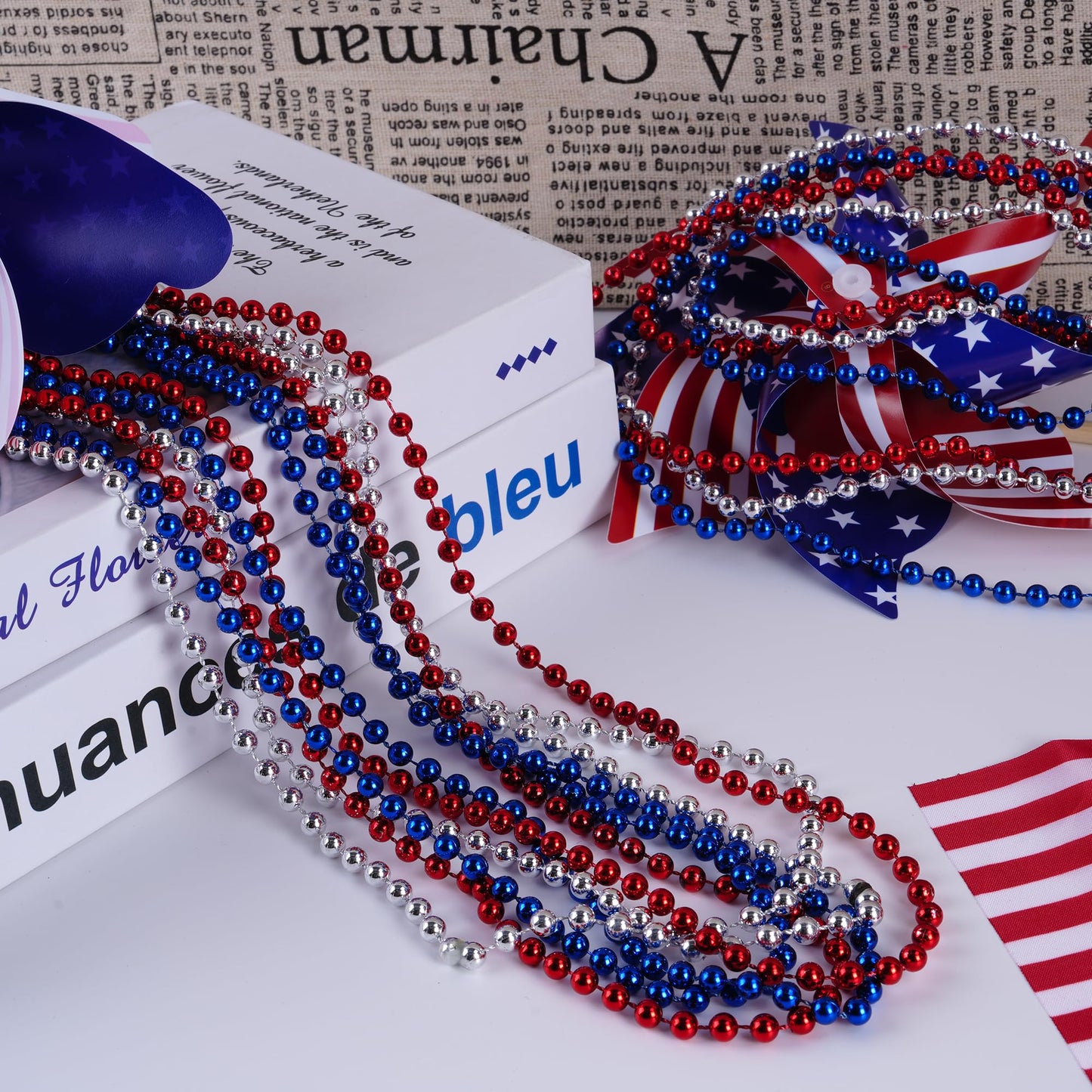 HOOSUN 4th of July Beaded Necklace,30 Pcs Patriotic Star Bead Necklaces Red Silver and Blue Accessories,Fourth of July Beads for