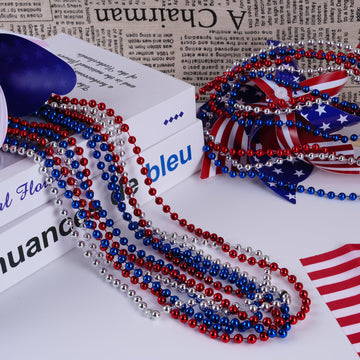HOOSUN 4th of July Beaded Necklace,30 Pcs Patriotic Star Bead Necklaces Red Silver and Blue Accessories,Fourth of July Beads for