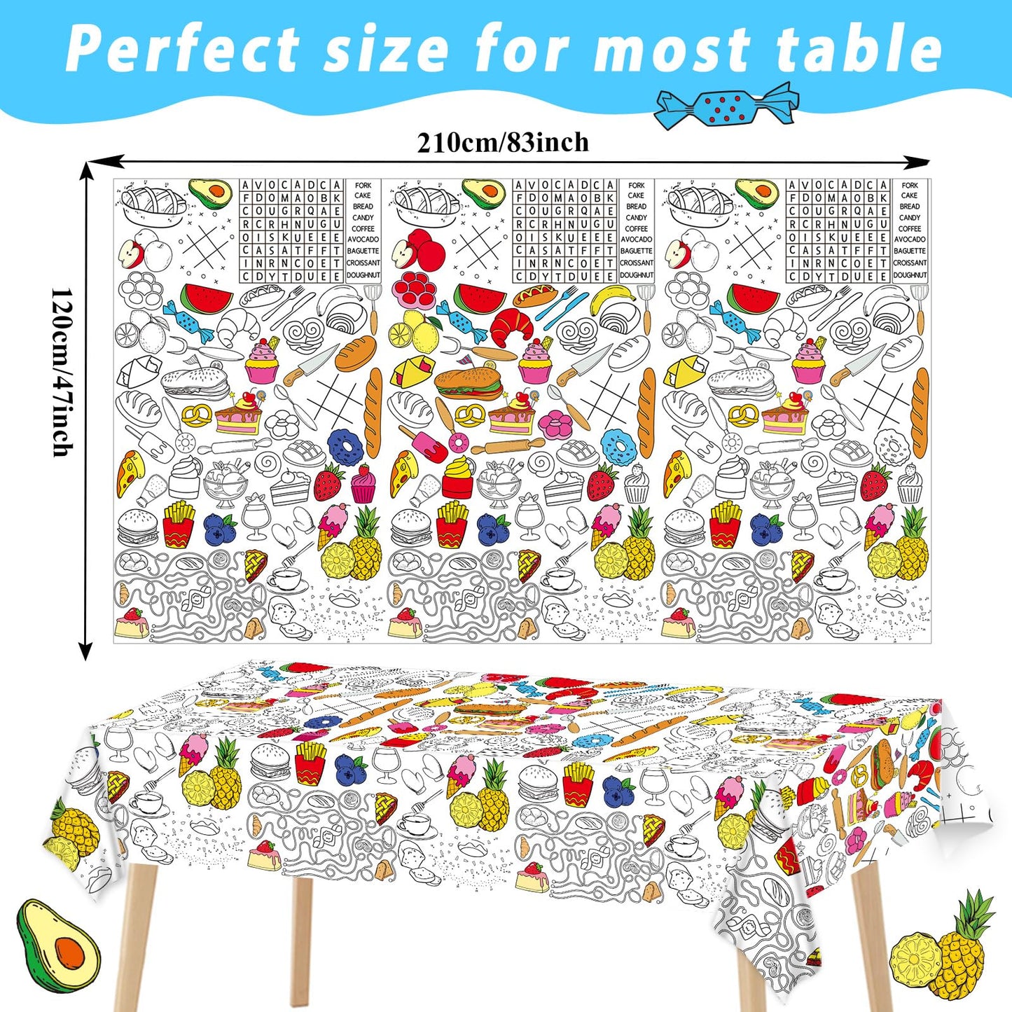 Giant Paper Coloring Tablecloth for Kids Huge Food Fun Design World Posters Activity Large Food Color-in Paper Poster Table Cove