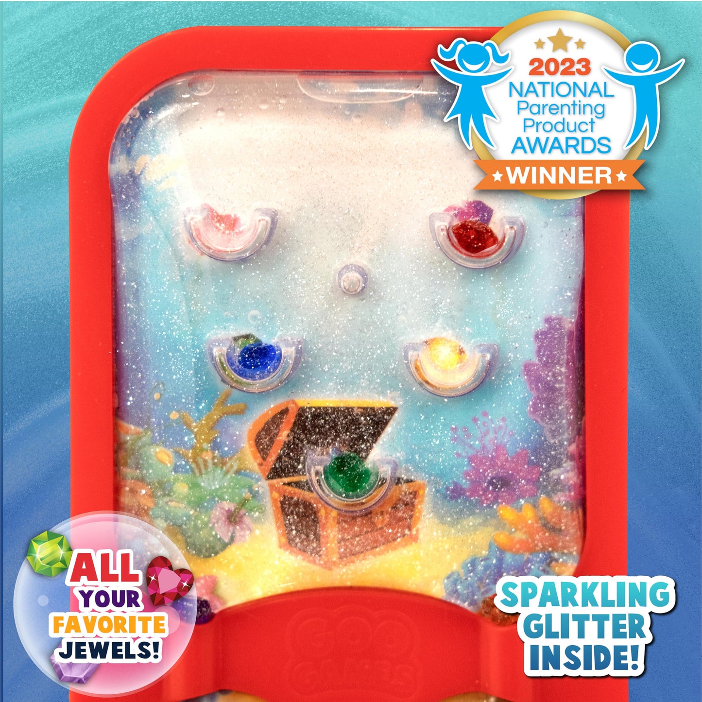 Sky Castle GooGames Hand-Held Water Game - Medium Non-Toxic Glitter Fun, Refillable with 3 Game Cards, Color: Gems, Model: GG502