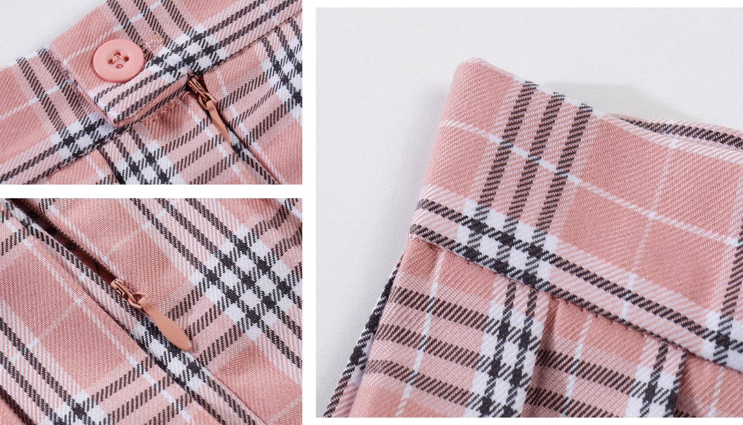 Women`S Floral Flared Tartan Check Pleated Skirts(4Xl,Pink Mixed White Black)