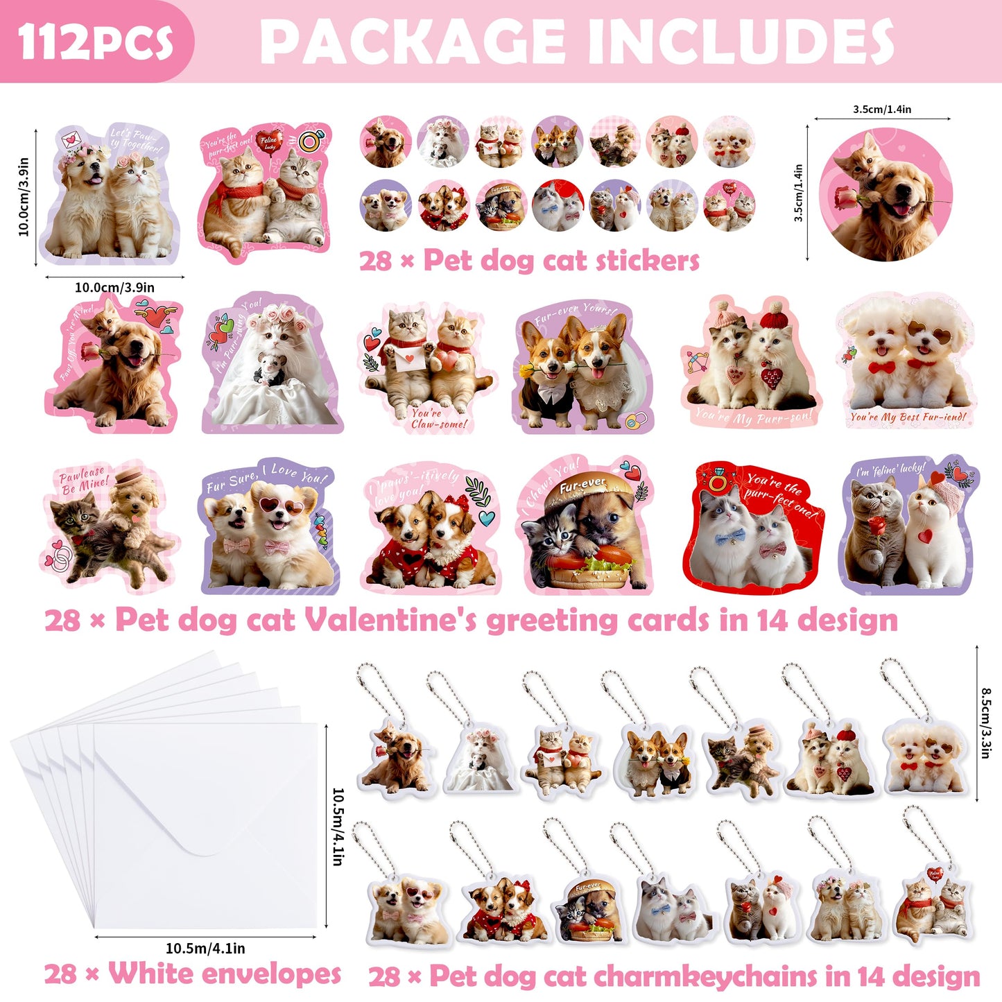 NOSAKUYA 28 Pack Cat & Dog Lovers Valentines Card & Keychains Set for Kids School Classroom Exchange Gift Boys Girls Party Favo
