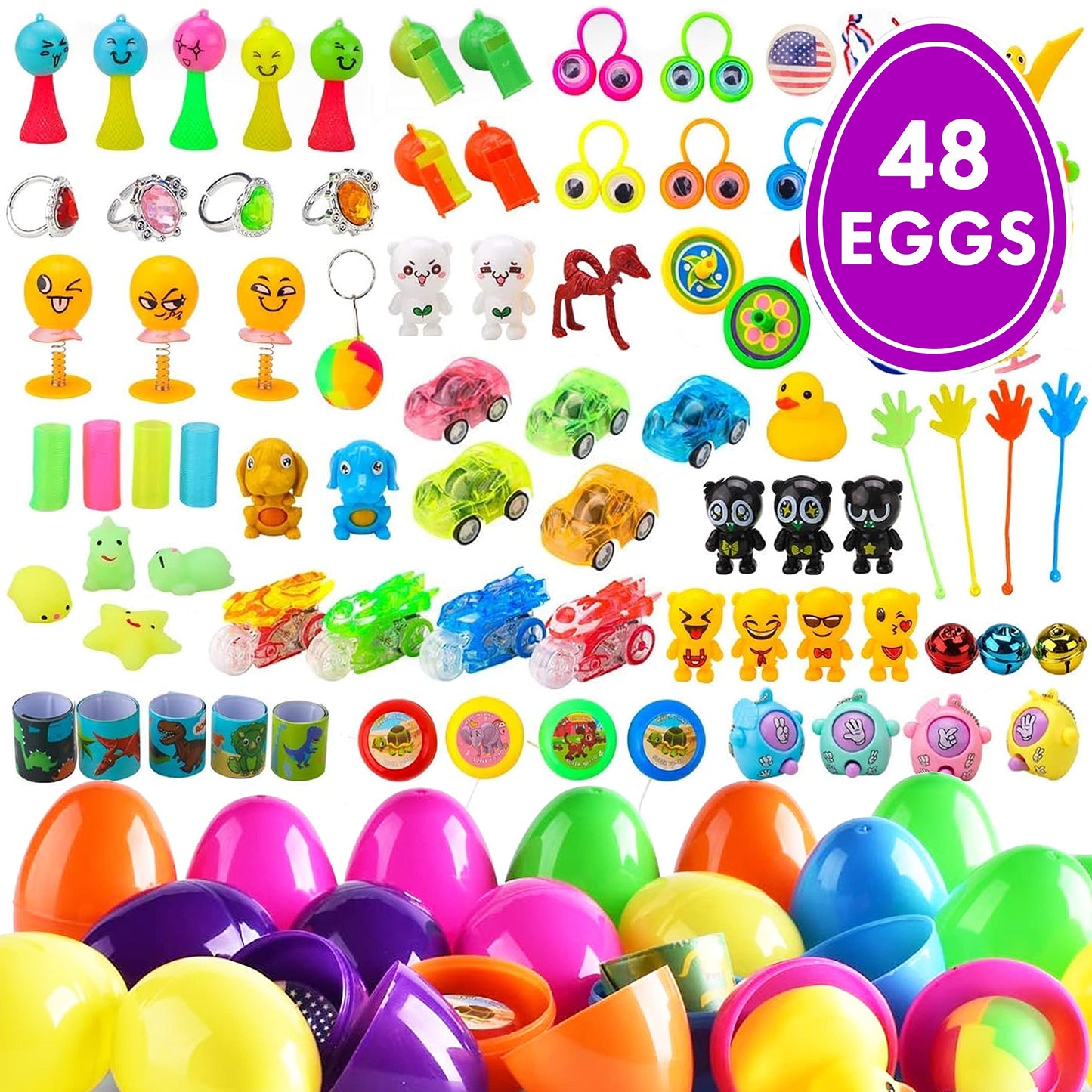 Blue Ribbon Easter Eggs, 48 Pieces, Filled Surprise, Colorful Prefilled With Different Kinds Of Little Toys, Perfect For Kids, Basket Fillers