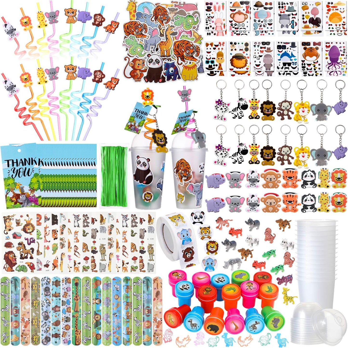 Poen 212 Pcs Jungle Party Favors Set Include Cup Straw Stamp Clap Bracelet Keychain Ring Puzzle Sticker Animal Miniature Card fo