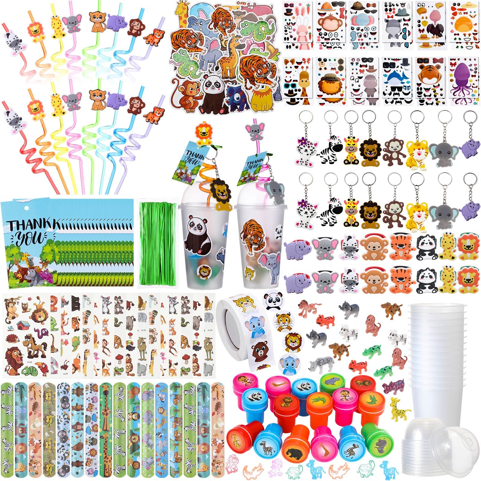 Poen 212 Pcs Jungle Party Favors Set Include Cup Straw Stamp Clap Bracelet Keychain Ring Puzzle Sticker Animal Miniature Card fo