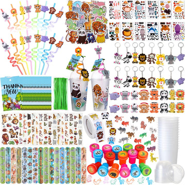 Poen 212 Pcs Jungle Party Favors Set Include Cup Straw Stamp Clap Bracelet Keychain Ring Puzzle Sticker Animal Miniature Card fo