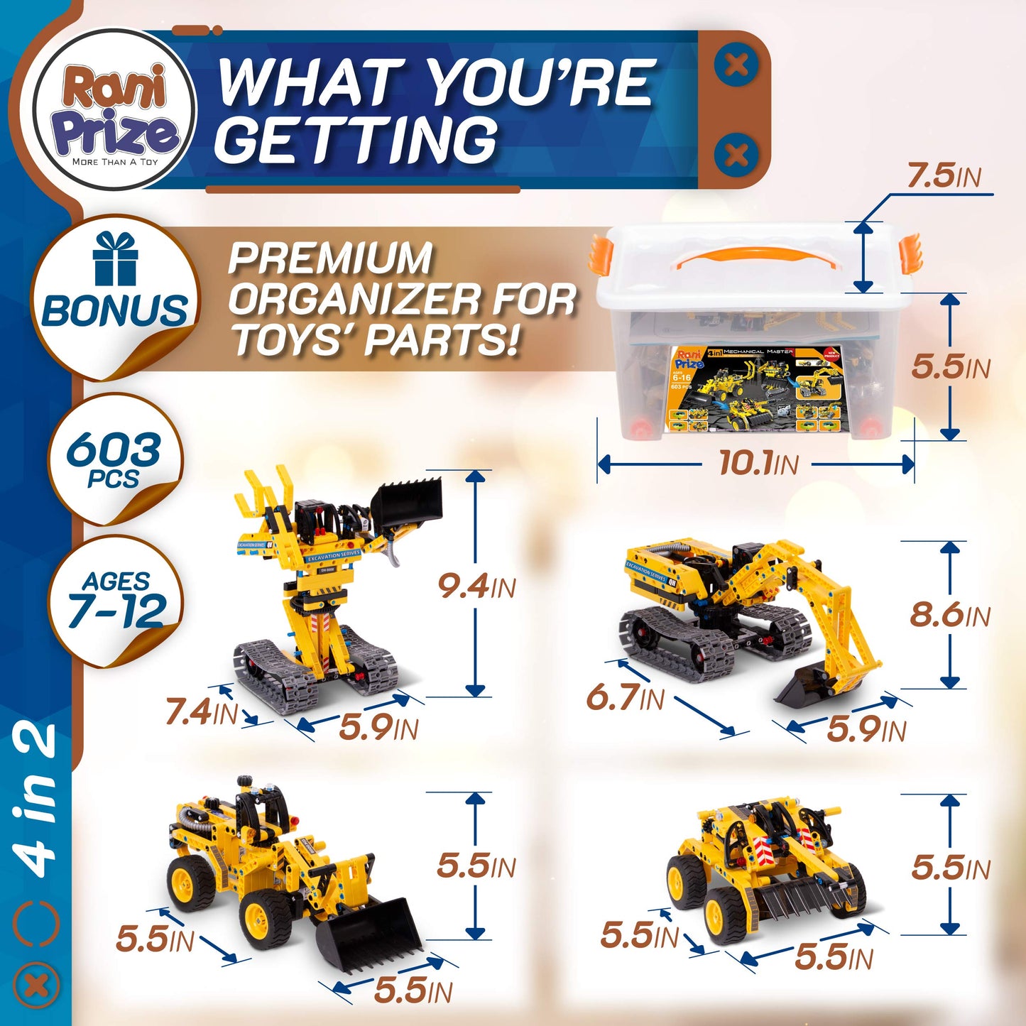 Rani Prize 4-In-1 Diy Construction Stem Toy: 603-Piece Excavator Building & Robotics Kit, Educational Engineering Playset For Boys & Girls 8-12, Quality Family Time Popular Gift With Storage Box