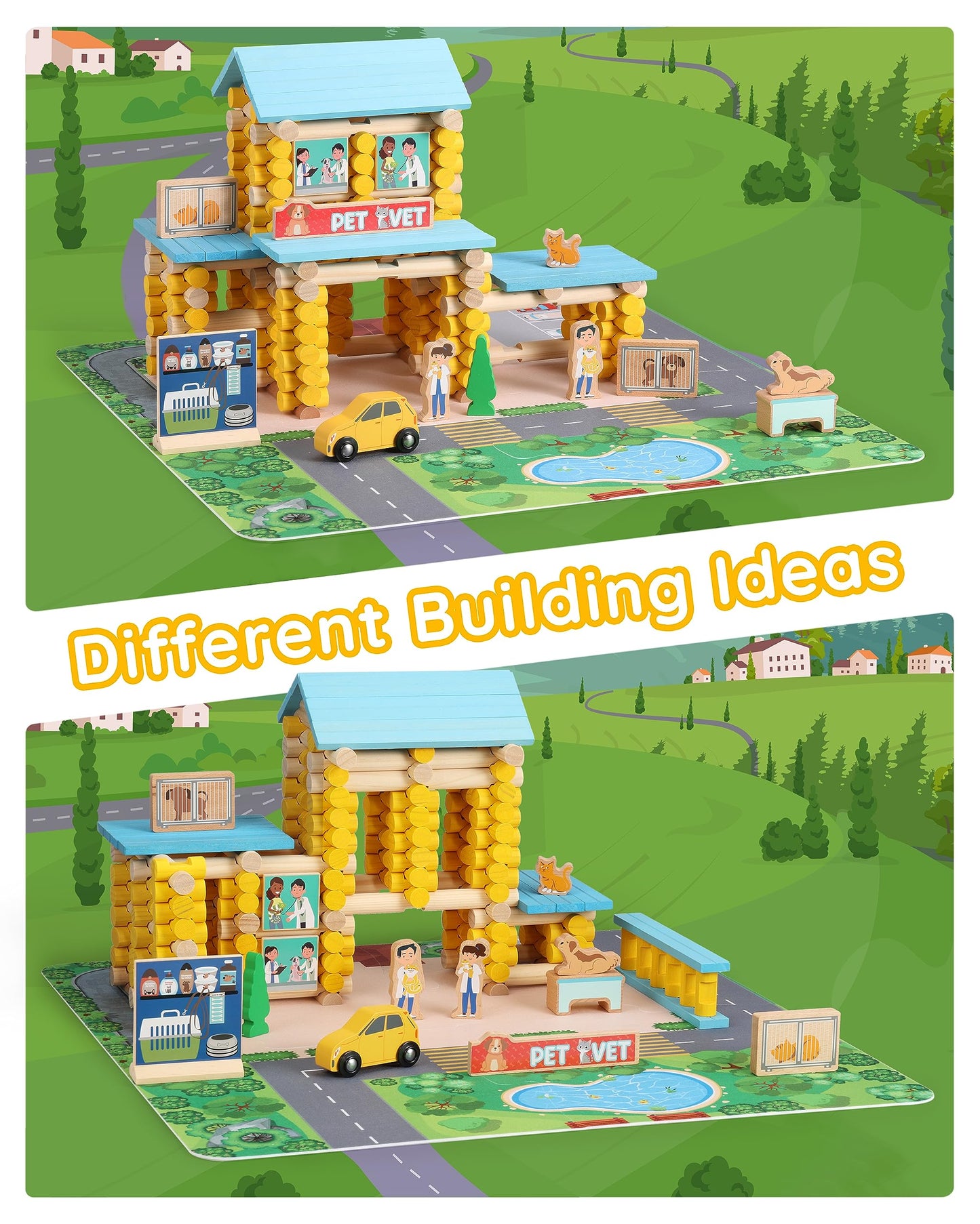 Sainsmart Jr. Wooden Logs Set - 229 Pcs Classic Building Toy For Kids, Pet Vet Log Kits Compatible With Lincoln Logs, Ages 3+