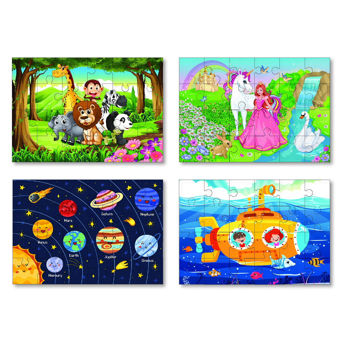 Educational Kids Puzzle Set, 4Pack Jigsaw Puzzles With Princess, Animals, Space And Underwater Themes, Ages 38, 24 Pieces Each