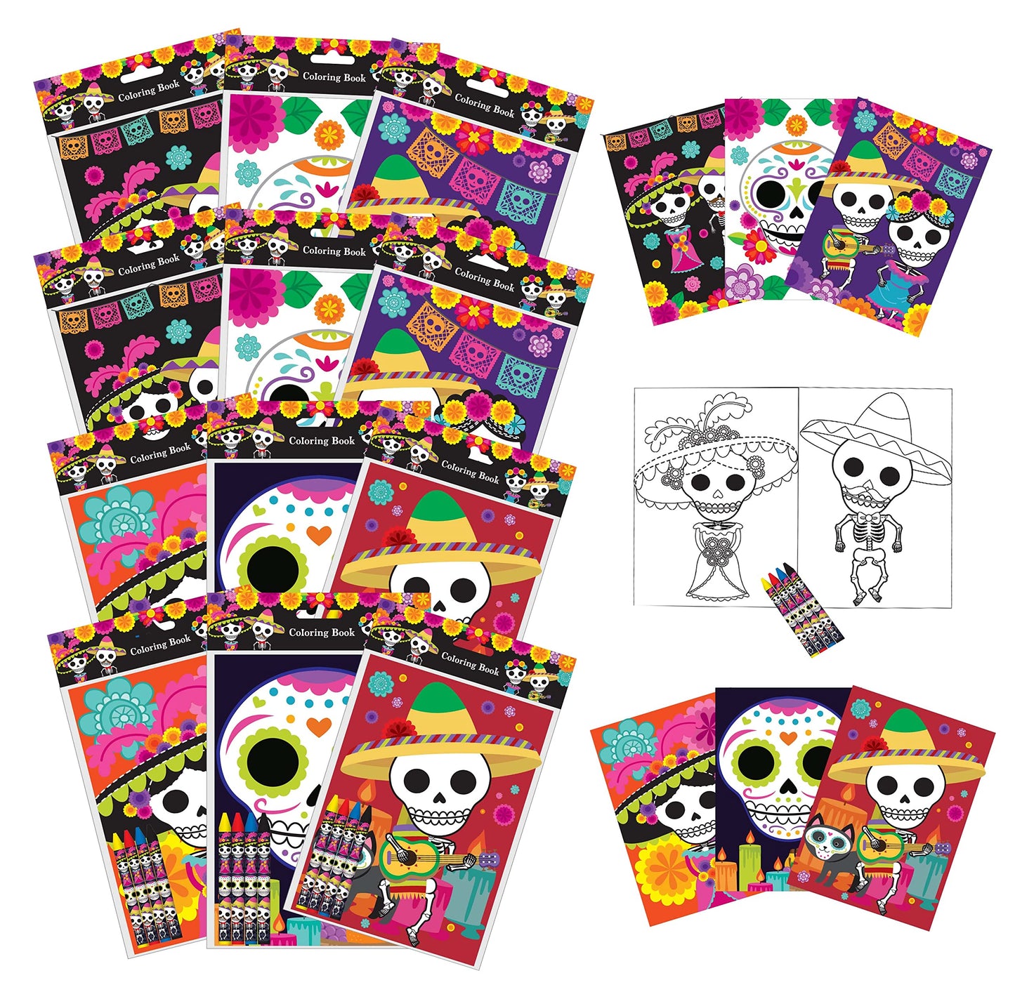 Tiny Mills Day of the Day Coloring Books for Kids with 12 Coloring Books and 48 Crayons, Halloween Party Favors, Dia de Los Muer
