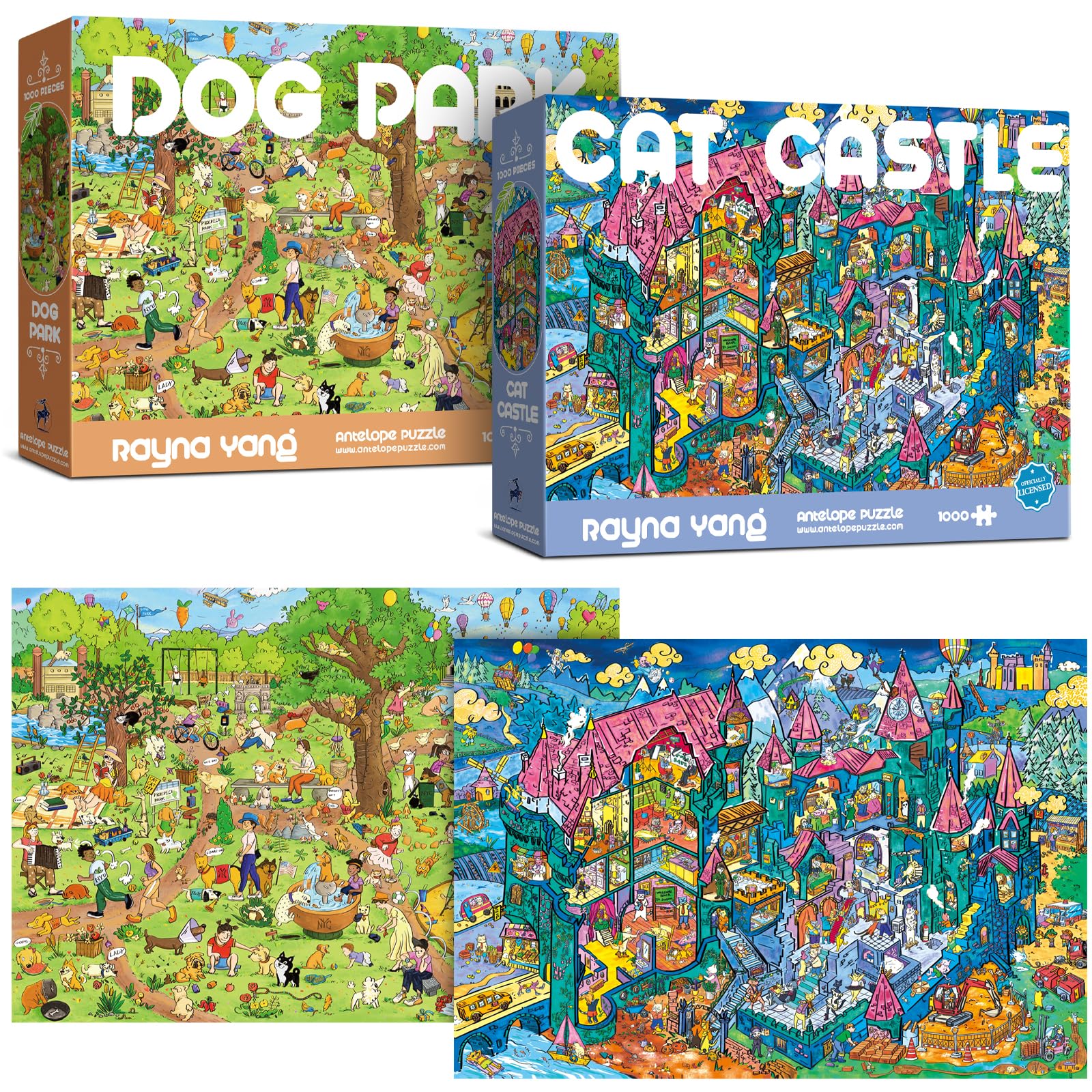 Antelope 2 In 1 1000 Piece Puzzle Bundle - Dog Park - 1000 Piece Jigsaw Puzzle Bundle With Cat Castle - 1000 Piece Jigsaw Puzzle
