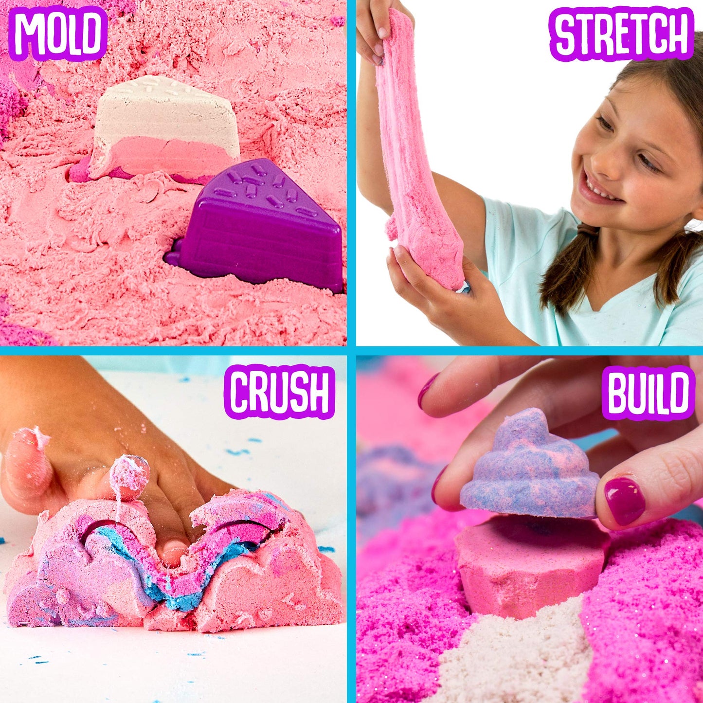 Slimysand Sweet Treats, 2 Pounds Of Slimysand In 5 Colors (Pink Glitter, White Glitter, And Pink, Blue And Purple), 6 3D Molds & Reusable Box For Play. Super Stretchy & Moldable Cloud Slime!