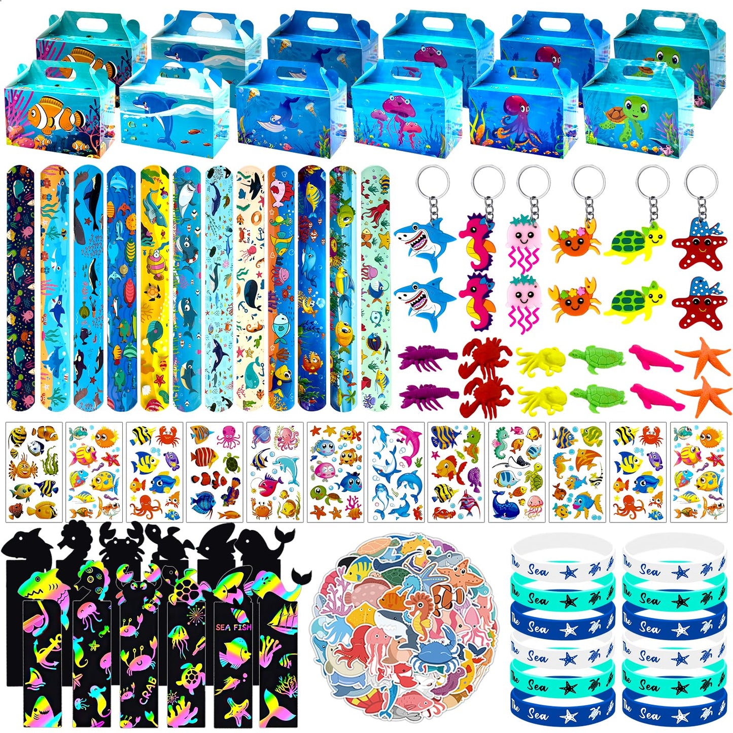 Joyvorite 144 Pcs Under the Sea Party Favors Set with Keychains Slap Bracelet Scratch Art Tattoo Stickers Wristbands Treat Boxes