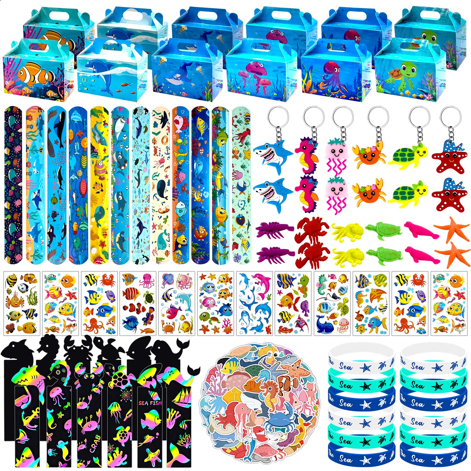 Joyvorite 144 Pcs Under the Sea Party Favors Set with Keychains Slap Bracelet Scratch Art Tattoo Stickers Wristbands Treat Boxes