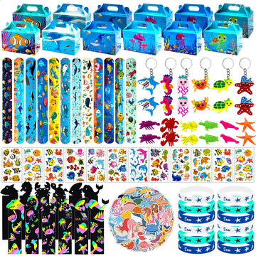 Joyvorite 144 Pcs Under the Sea Party Favors Set with Keychains Slap Bracelet Scratch Art Tattoo Stickers Wristbands Treat Boxes