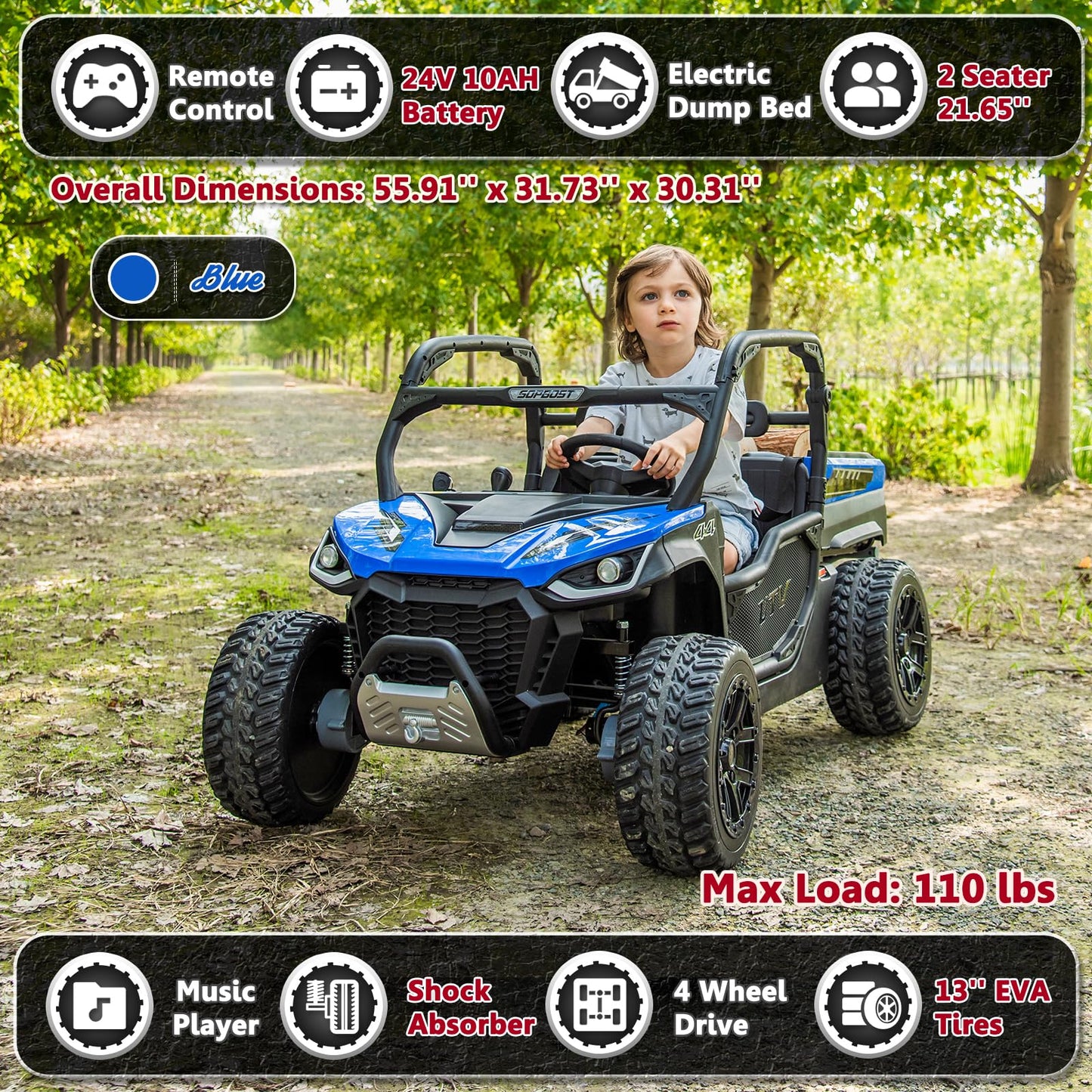 karbost 2 Seater 24V 10Ah Kids UTV Ride On Dump Truck with EVA Tires Ride on Toys for Big Kids with Remote Control 4WD Ride on Car Side by Side Truck with Electric Dump Bed  Shovel  Blue & Black