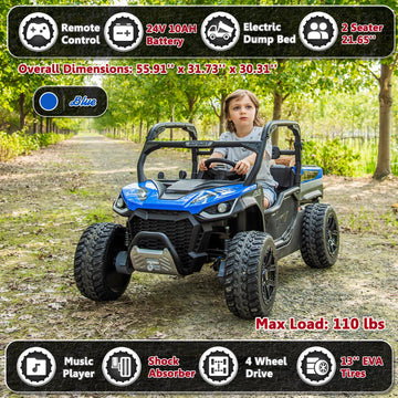karbost 2 Seater 24V 10Ah Kids UTV Ride On Dump Truck with EVA Tires Ride on Toys for Big Kids with Remote Control 4WD Ride on Car Side by Side Truck with Electric Dump Bed  Shovel  Blue & Black