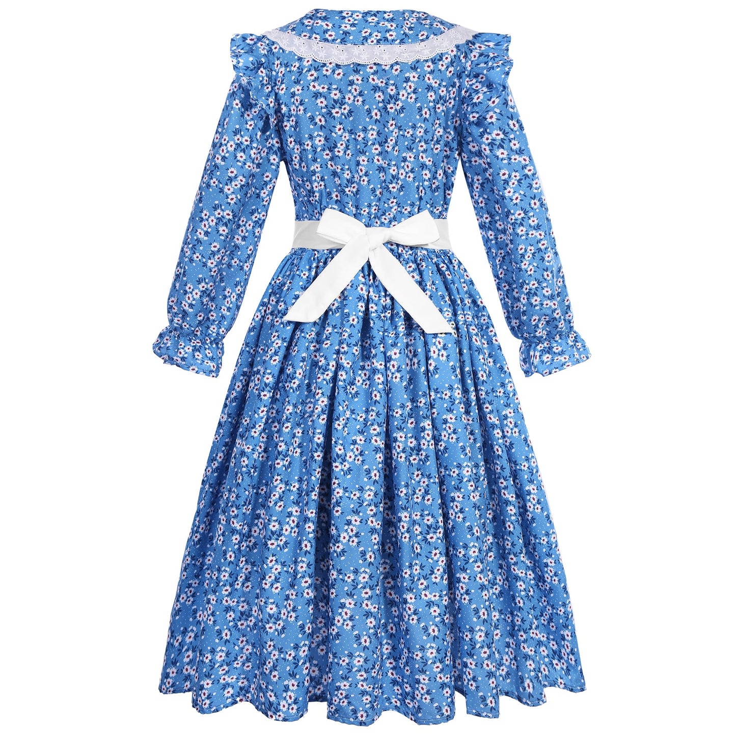 Rayekrot Girls Pioneer Costume Girls Colonial Costume Kids Floral Prairie Dress with Apron and Bonnet Blue (9-10 Years)