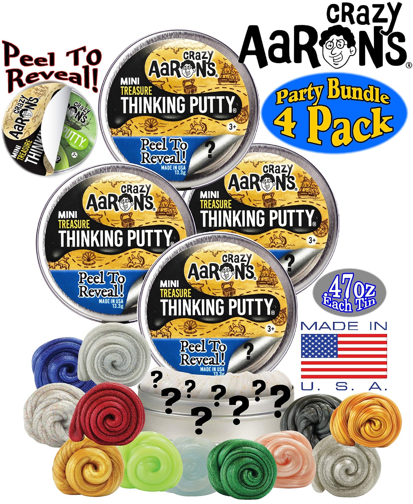Crazy Aarons Putty Mini Tins Treasure Surprise Peel to Reveal (Collect All 12 Colors) Gift Set Party Bundle - 4 Pack (.47oz Eac