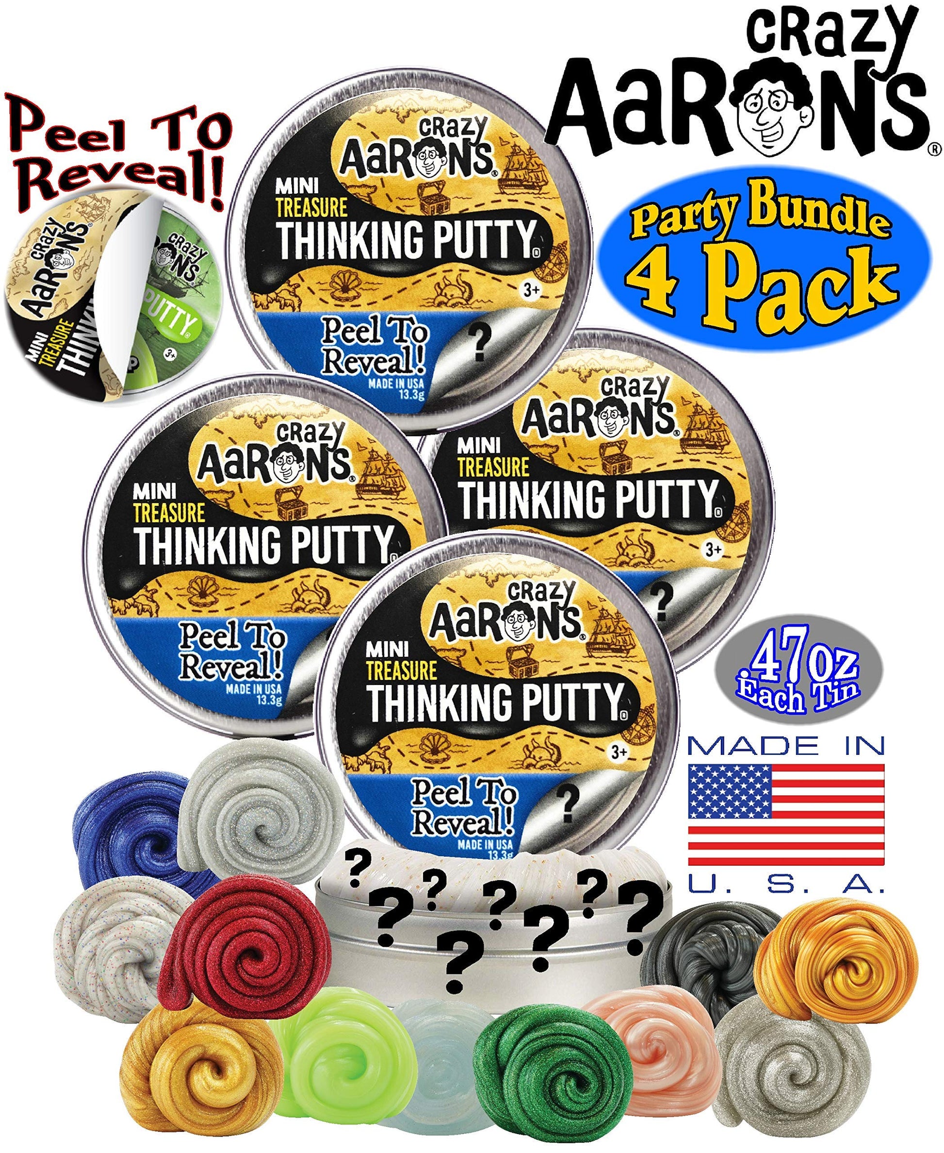 Crazy Aarons Putty Mini Tins Treasure Surprise Peel to Reveal (Collect All 12 Colors) Gift Set Party Bundle - 4 Pack (.47oz Eac