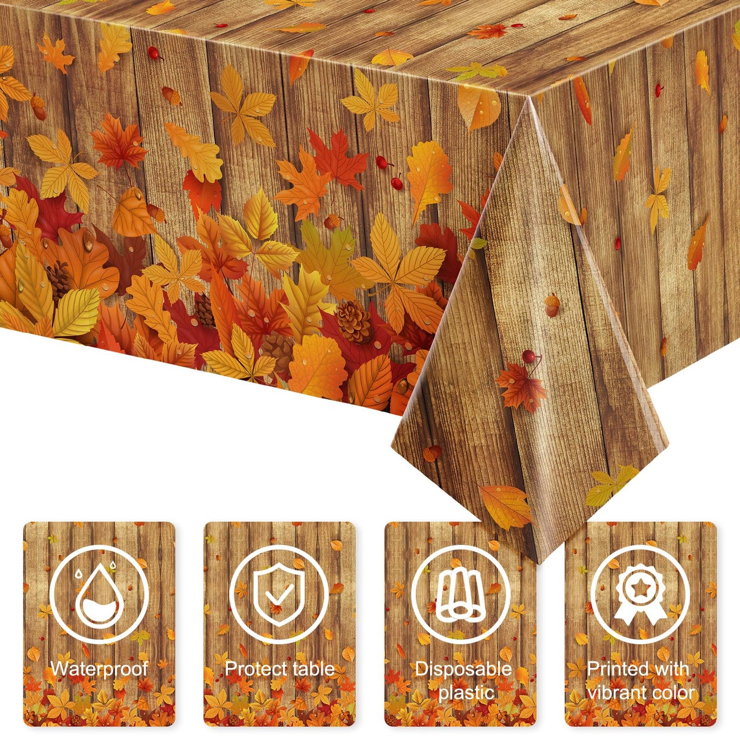 Tiamon 3 Pcs Fall Decoration Indoor Thanksgiving Fall Tablecloth Wood Grain Autumn Leave Party Table Cover Autumn Harvest Tablec