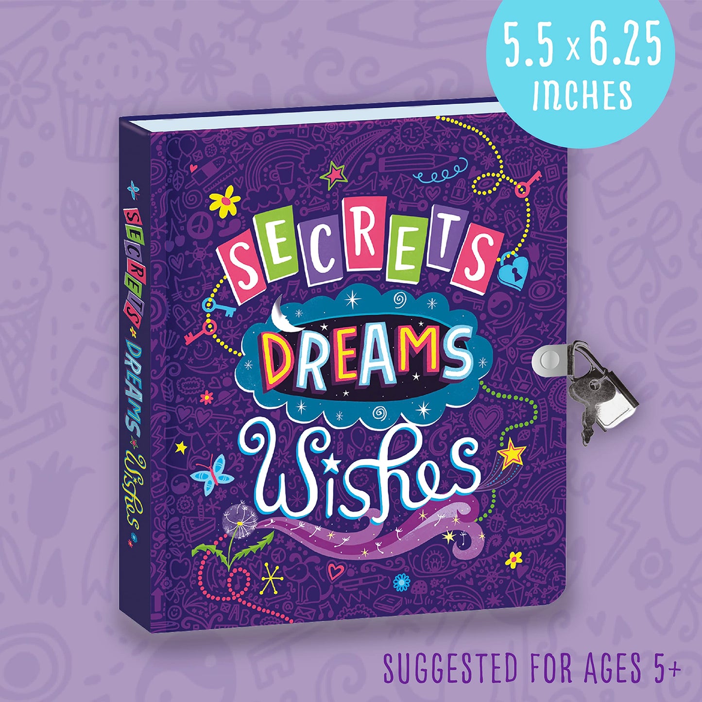 Peaceable Kingdom Secrets, Dreams And Wishes Glow In The Dark 6.25' Lock And Key, Lined Page Diary For Kids