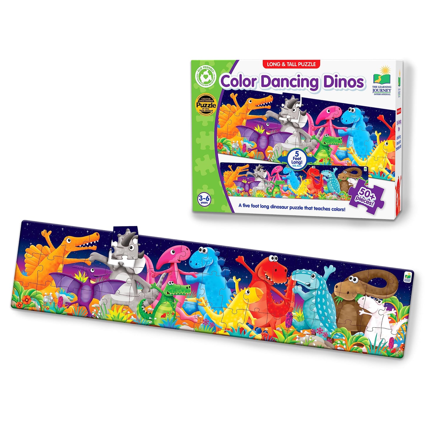 The Learning Journey Long & Tall Puzzle - Color Dancing Dinosaurs - 51 Piece, 5-Foot-Long Preschool Puzzle - Educational Gifts For Boys & Girls Ages 3 & Up, Multi (423929)