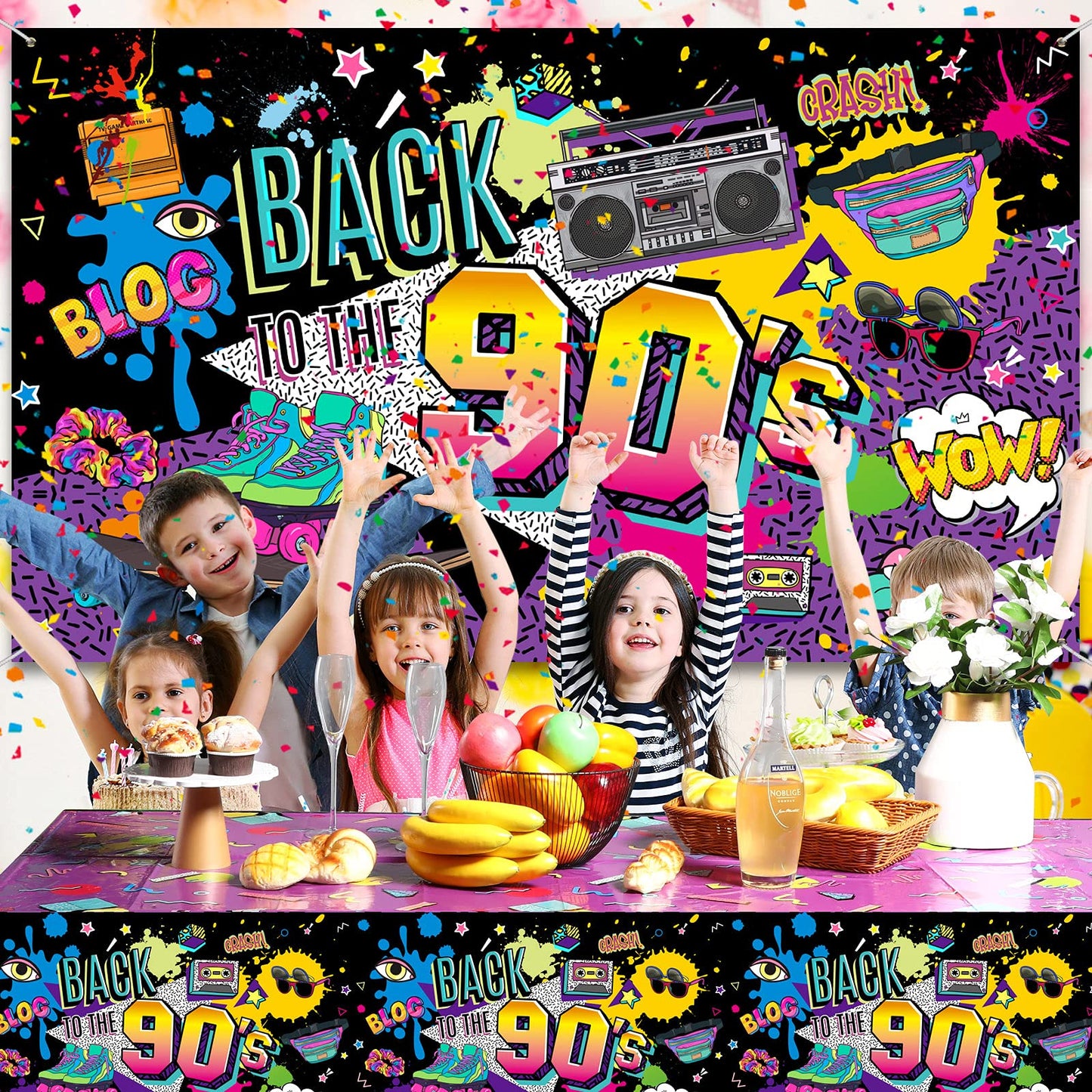 80S 90S 50S Party Decorations 80'S 90'S 50'S Party Bundle Includes Inflatable Radio Boombox And Mobile Phone, Back To 80S 90S 50S Backdrop, Tablecloth, 75 Pcs Balloons For Hip Hop Party(90S Style)