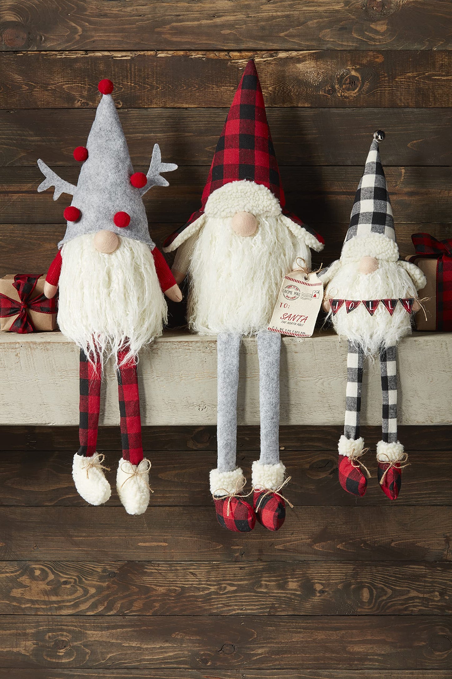 Mud Pie Christmas Buffalo Check Dangle Leg Gnome, Reindeer 23' X 7'